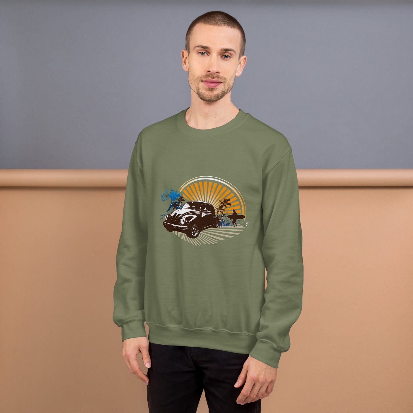 Men with military green sweatshirt with sunset and beetle car