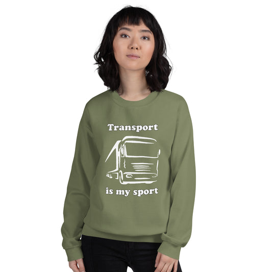 Woman with military green sweatshirt with picture of truck and text "Transport is my sport"