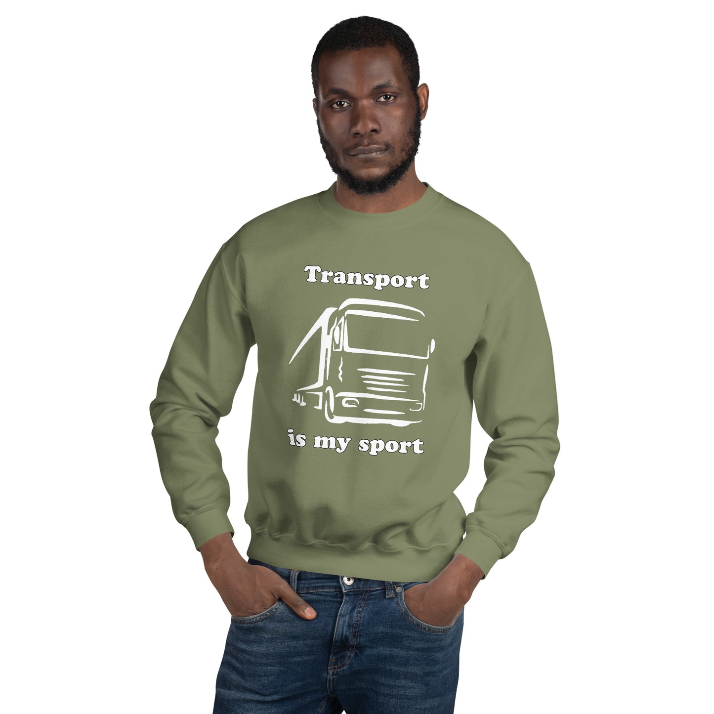 Man with military green sweatshirt with picture of truck and text "Transport is my sport"
