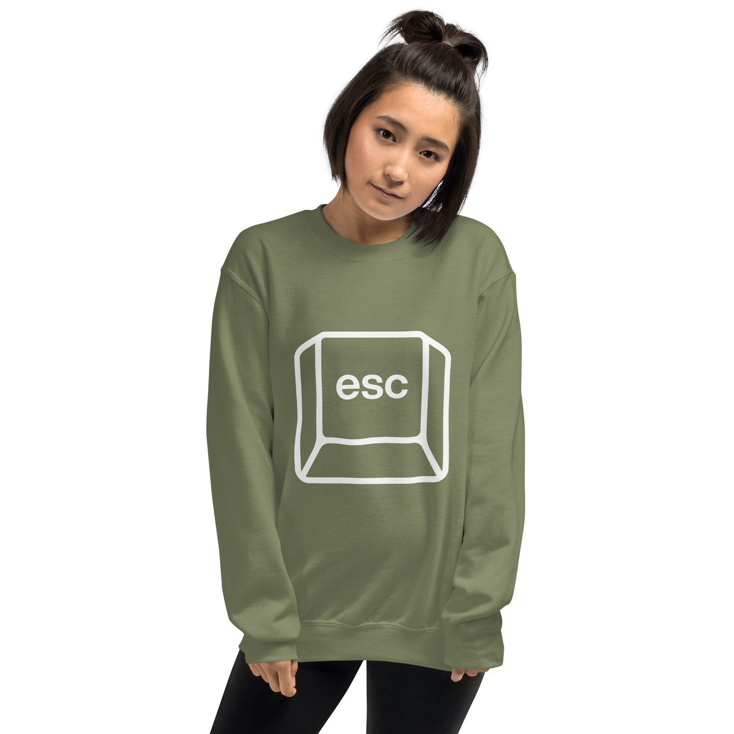 Woman with military green sweatshirt with picture of esc key