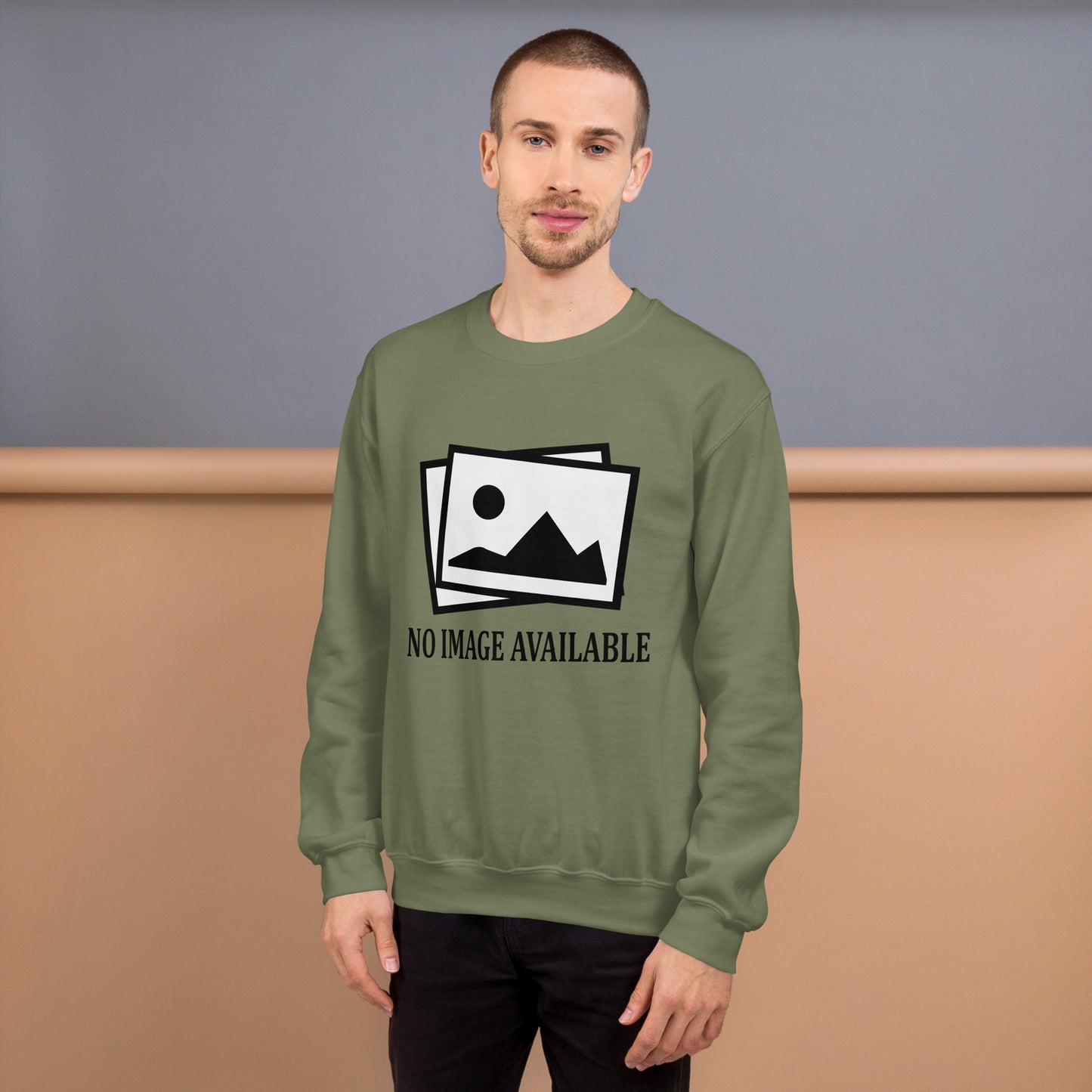 Men with military green sweatshirt with image and text "no image available"