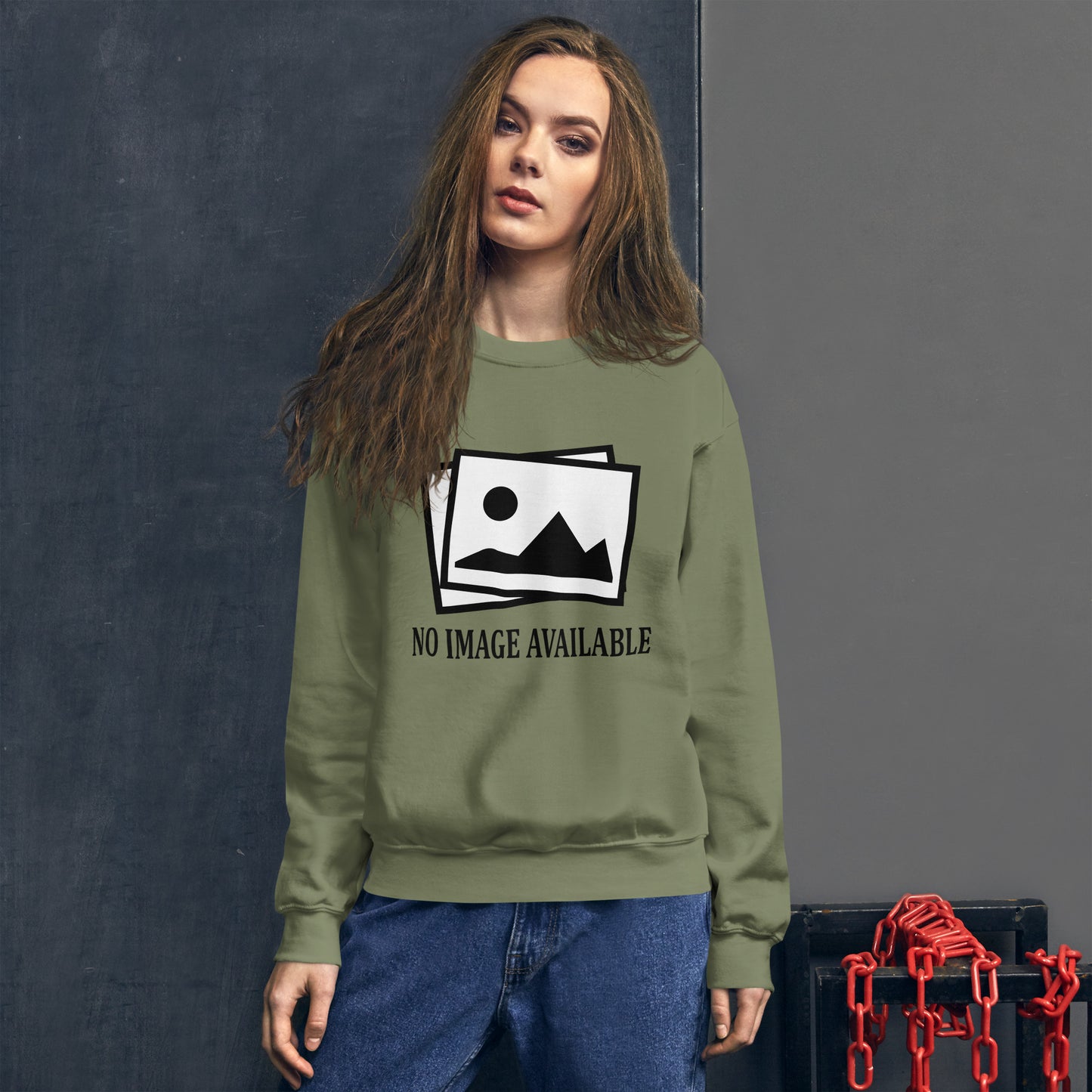 Women with military green sweatshirt with image and text "no image available"