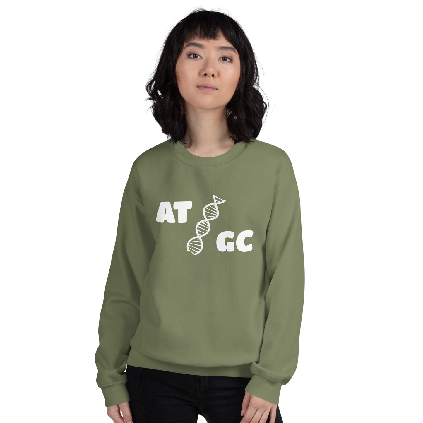 Women with military green sweatshirt with image of a DNA string and the text "ATGC"