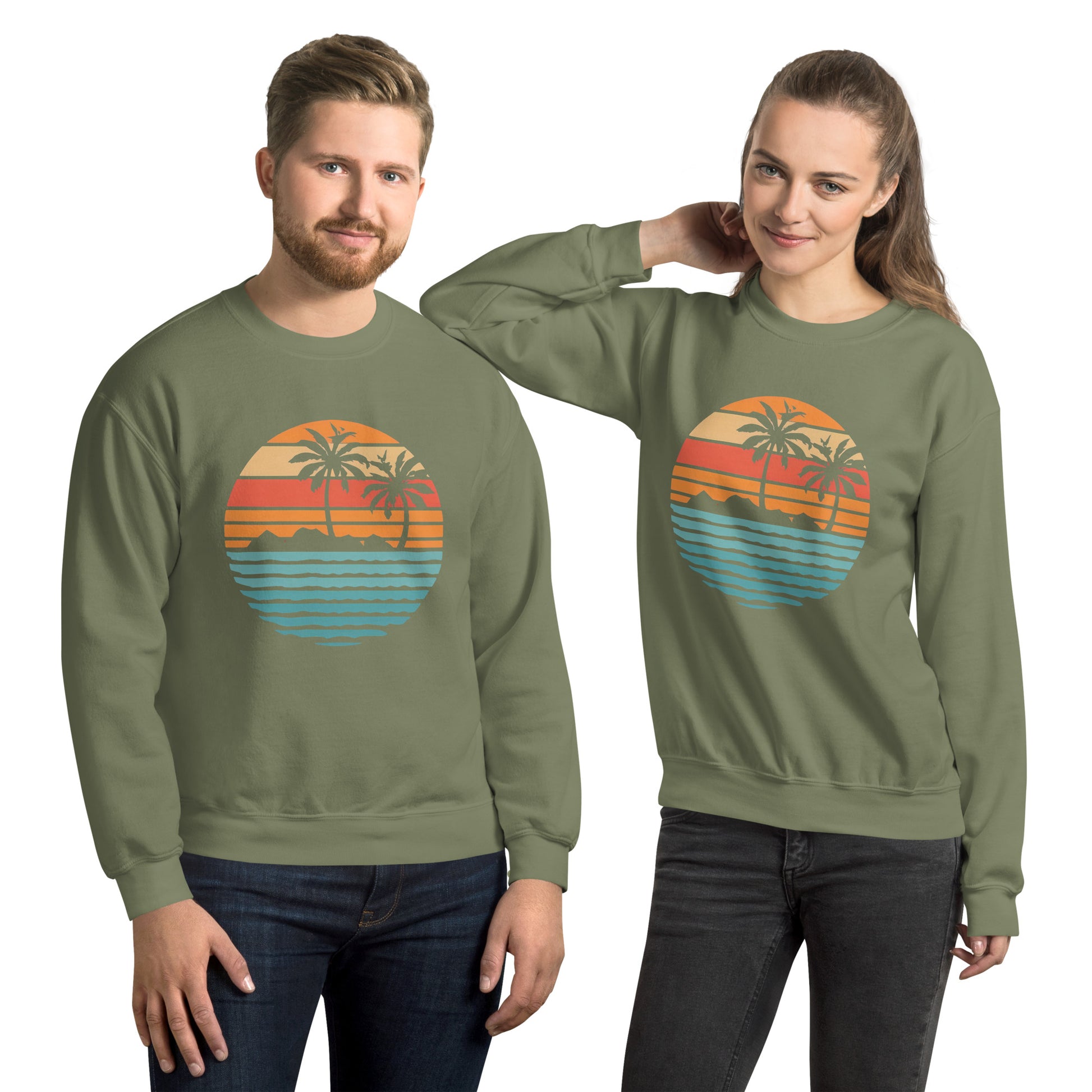 Men and women with military green sweatshirt and a print of retro island