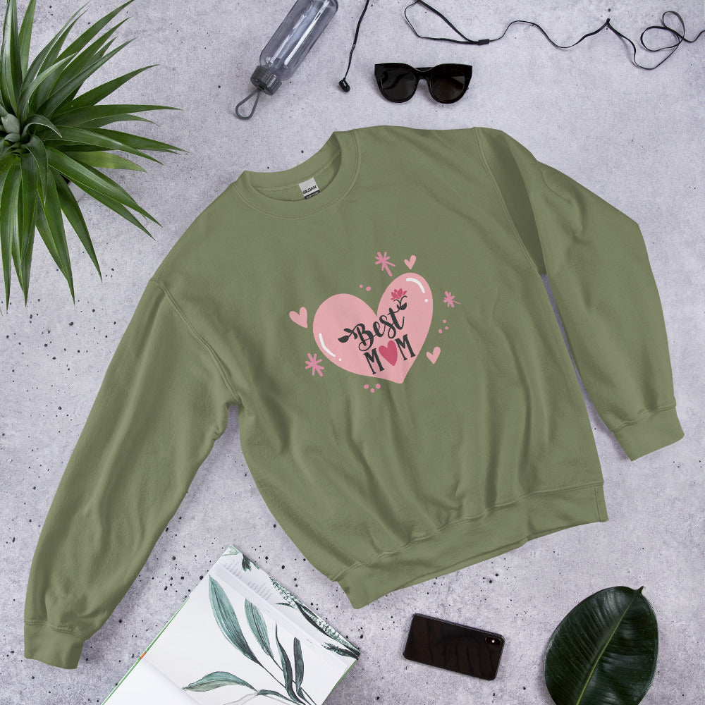 military green sweatshirt with hart and text best MOM