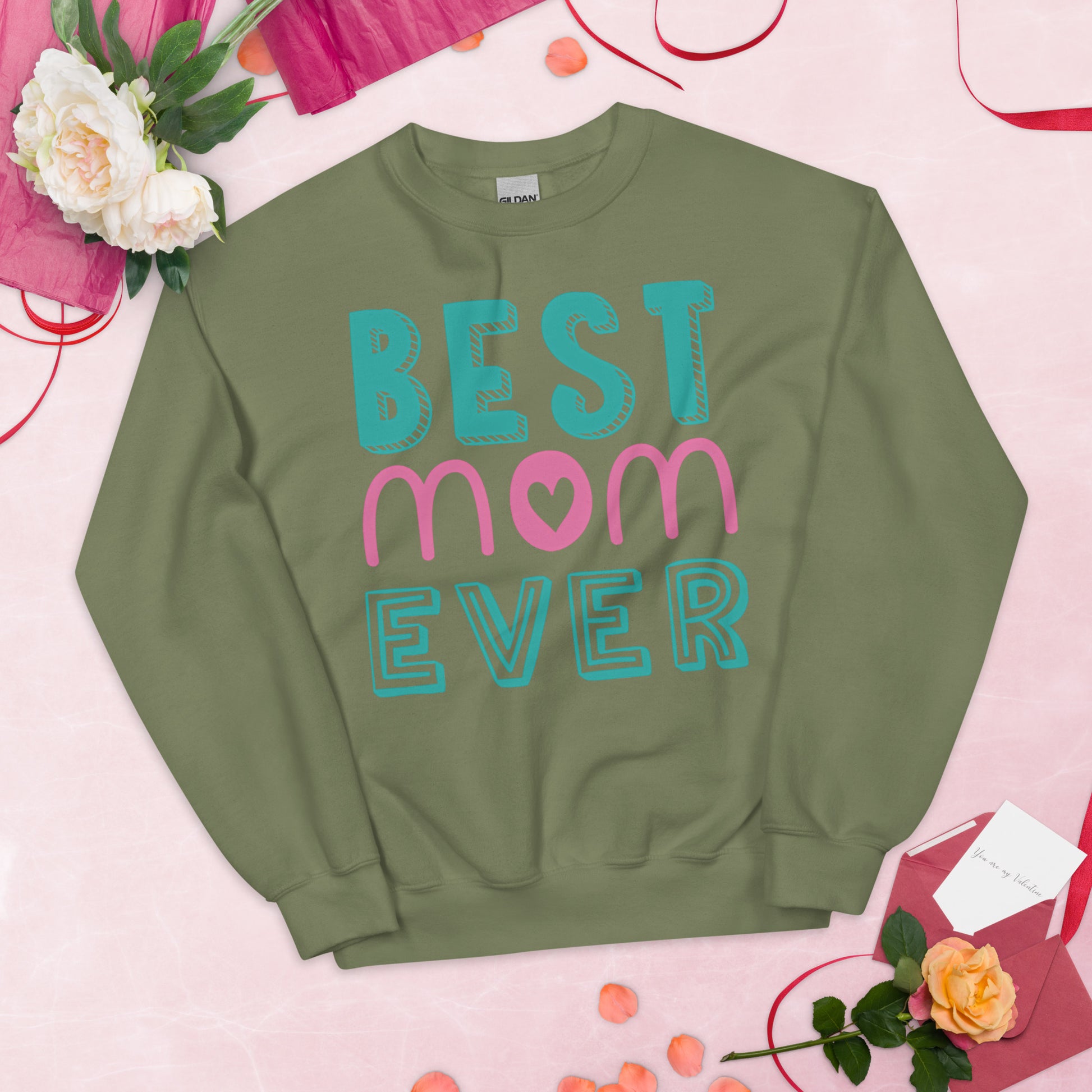military green sweatshirt with text best MOM ever 