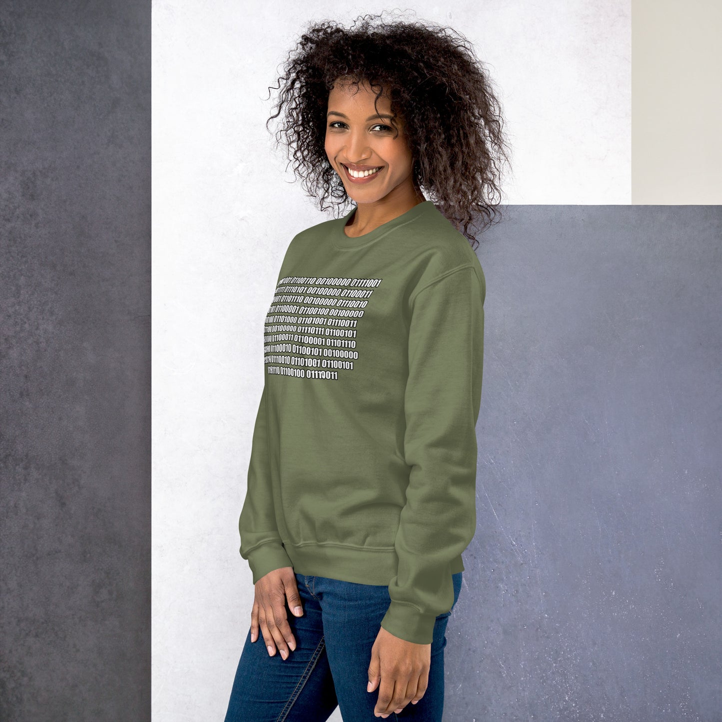 Women with military green sweatshirt with binaire text "If you can read this"