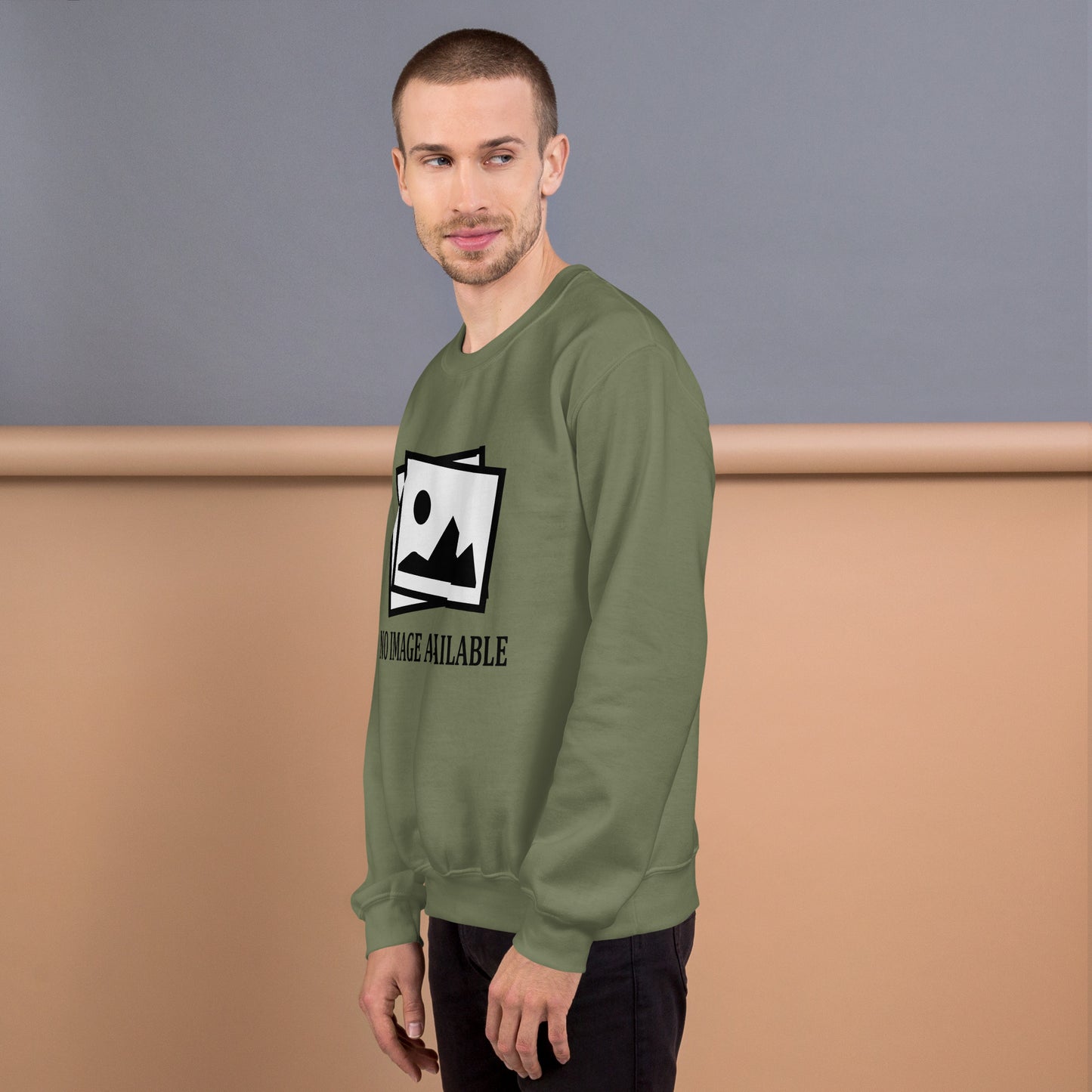 Men with military green sweatshirt with image and text "no image available"