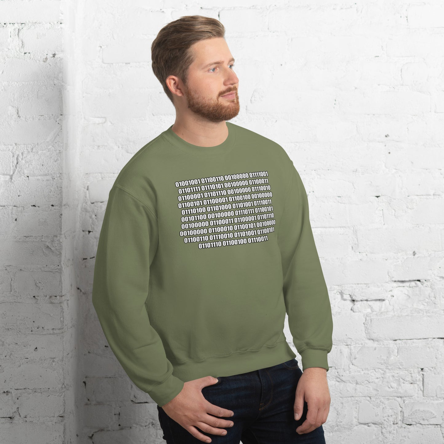 Men with military green sweatshirt with binaire text "If you can read this"