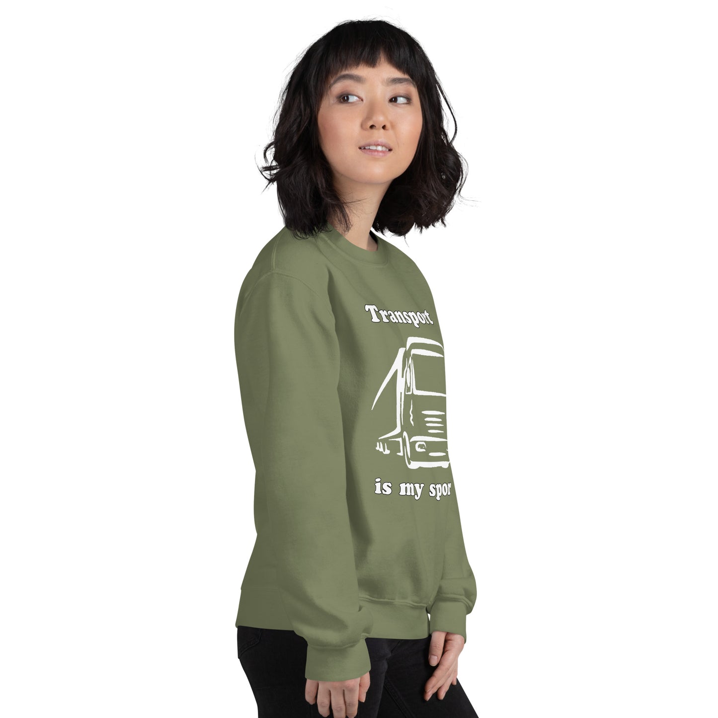 Woman with military green sweatshirt with picture of truck and text "Transport is my sport"