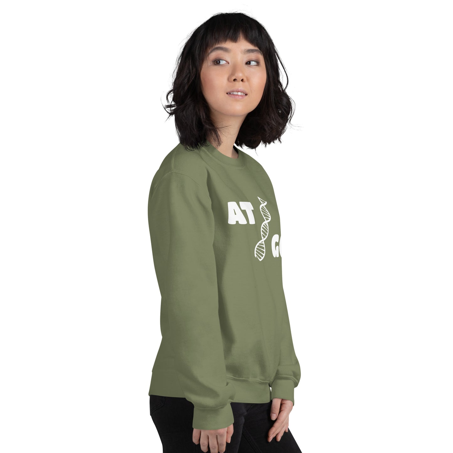 Women with military green sweatshirt with image of a DNA string and the text "ATGC"