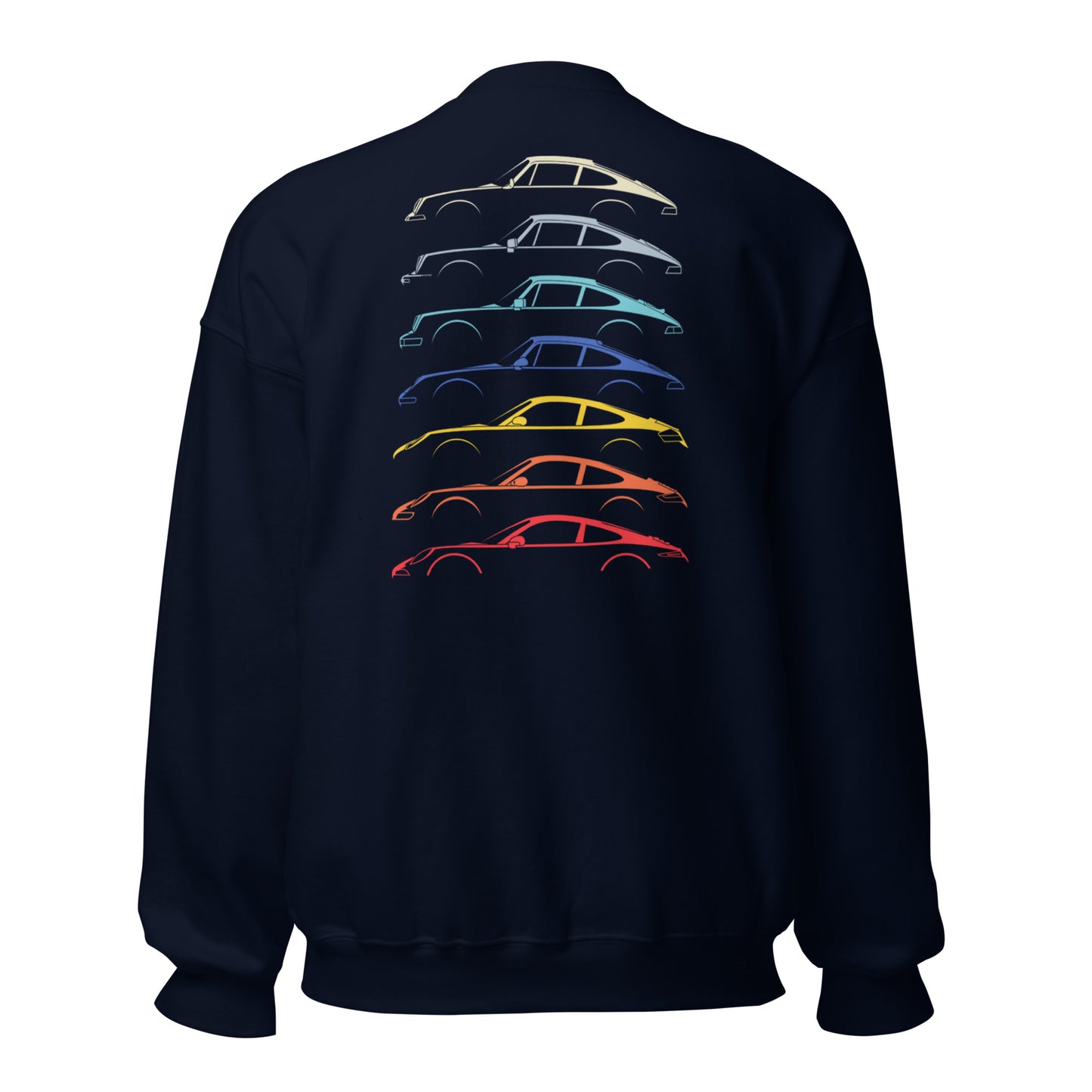 Navy sweatshirt with car silouttes on the back
