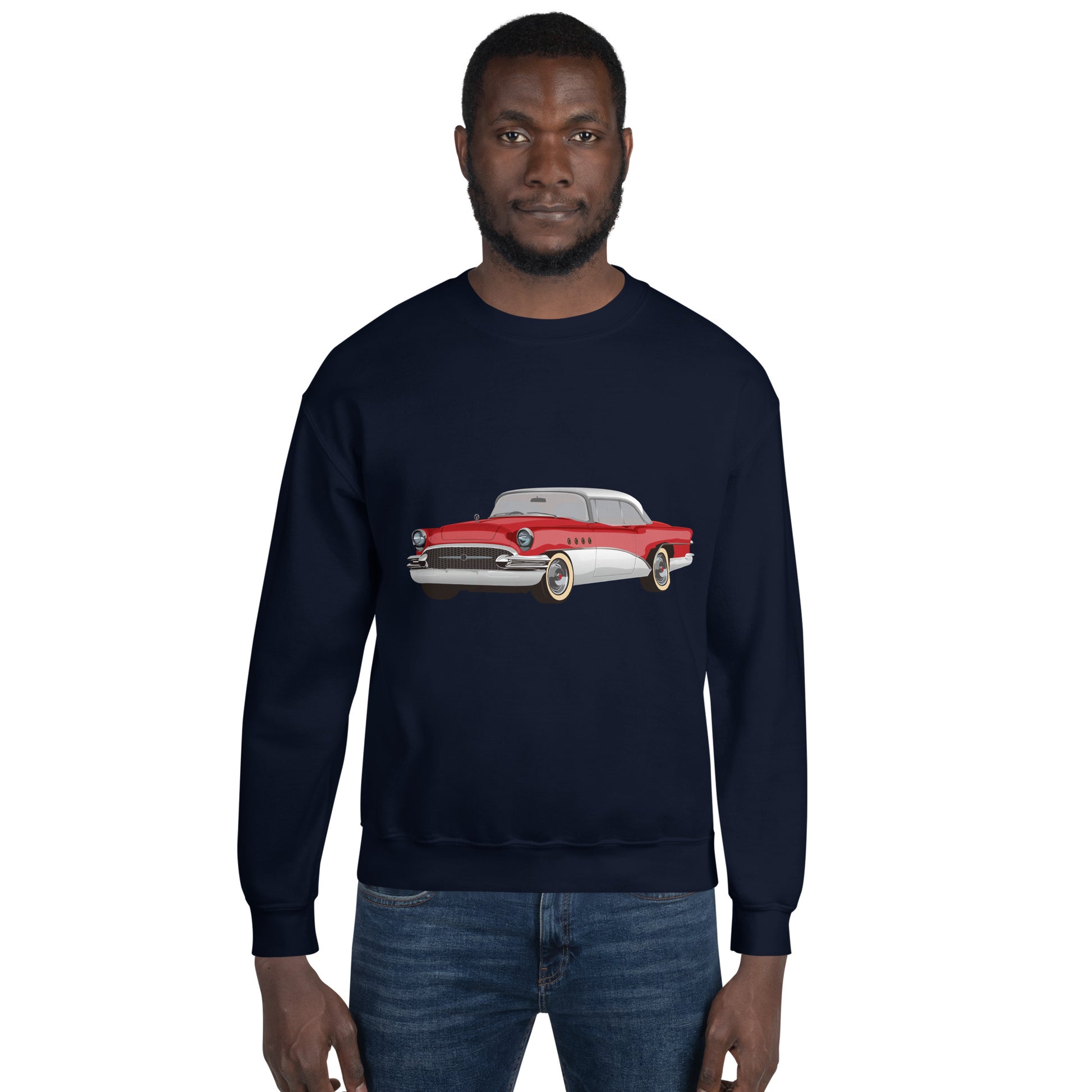 Man with navy sweatshirt with red chevrolet