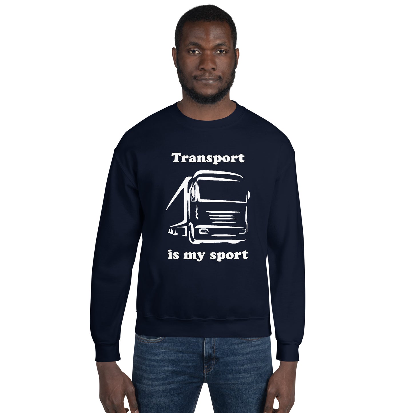 Man with navy blue sweatshirt with picture of truck and text "Transport is my sport"