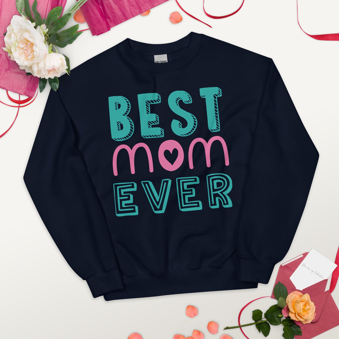 navy sweatshirt with text best MOM ever