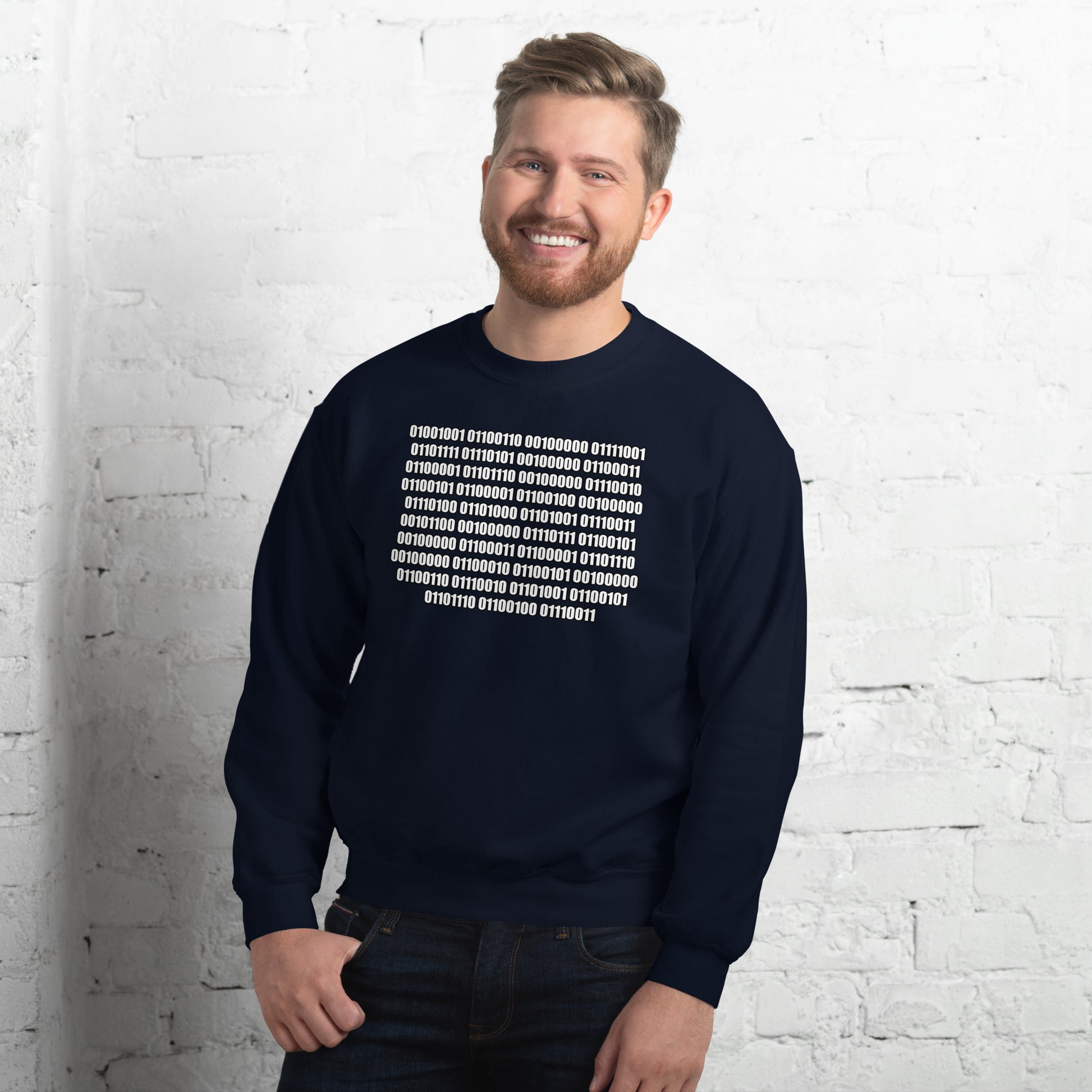 Men with navy sweatshirt with binaire text "If you can read this"