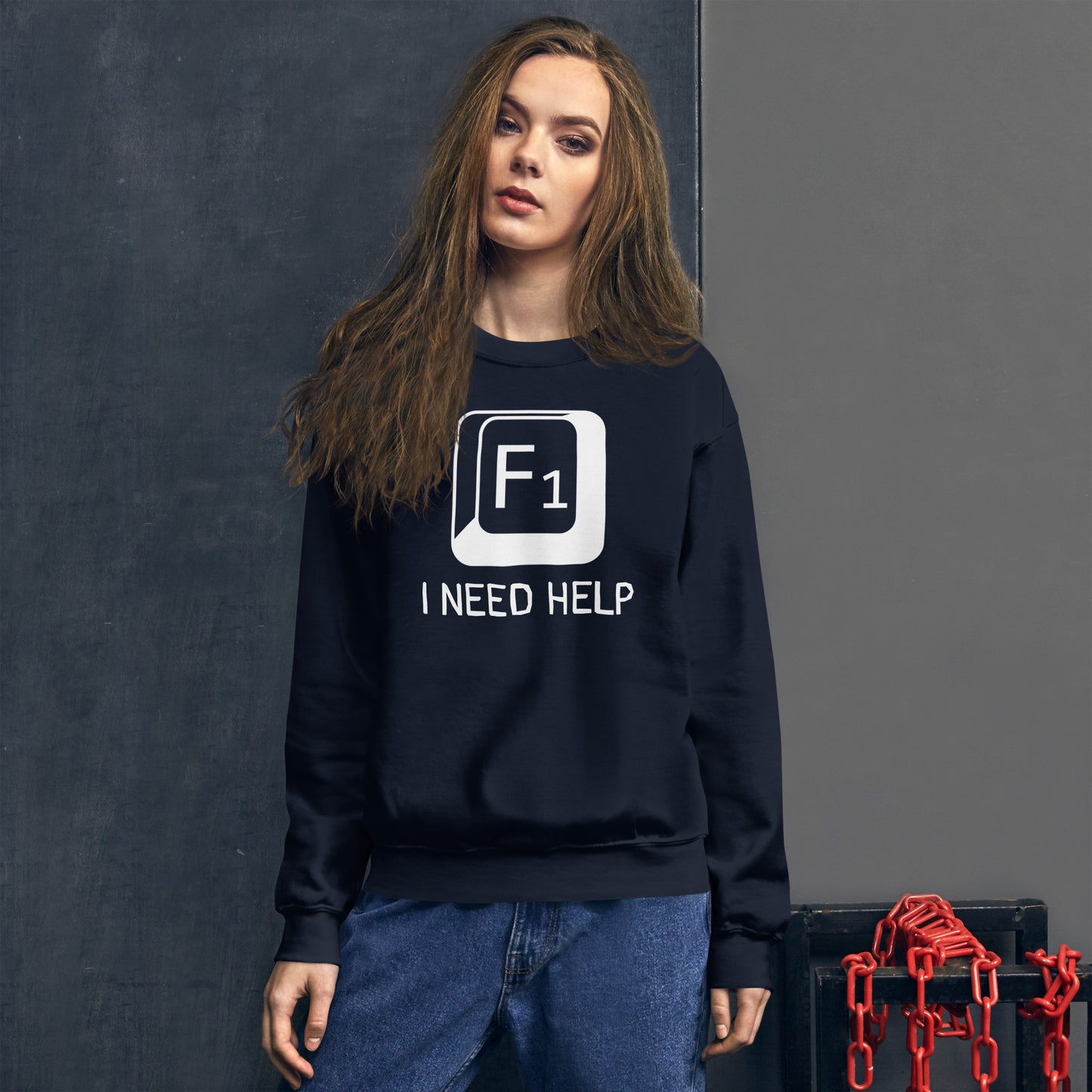 Women with navy sweatshirt and a picture of F1 key with text "I need help"