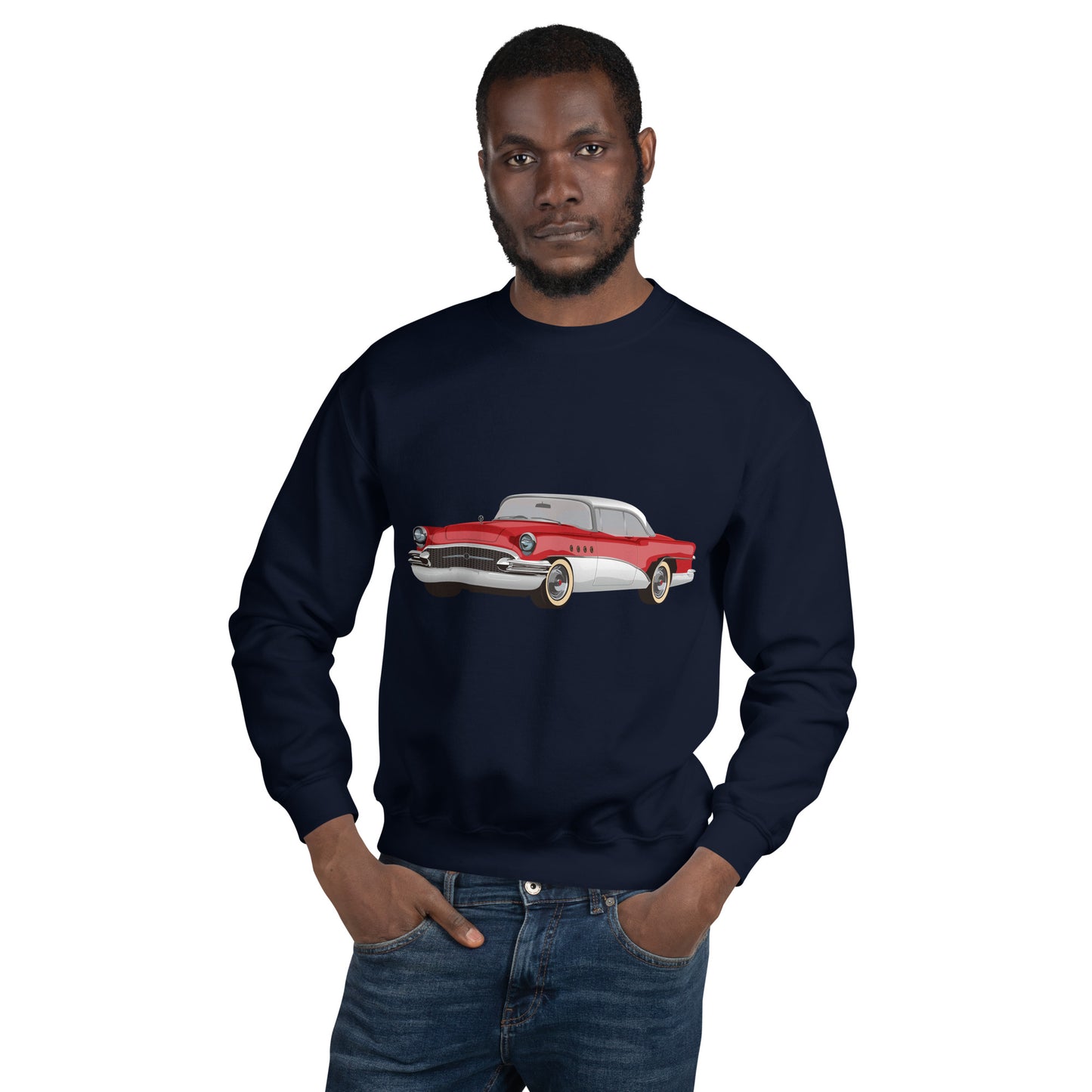 Man with navy sweatshirt with red chevrolet