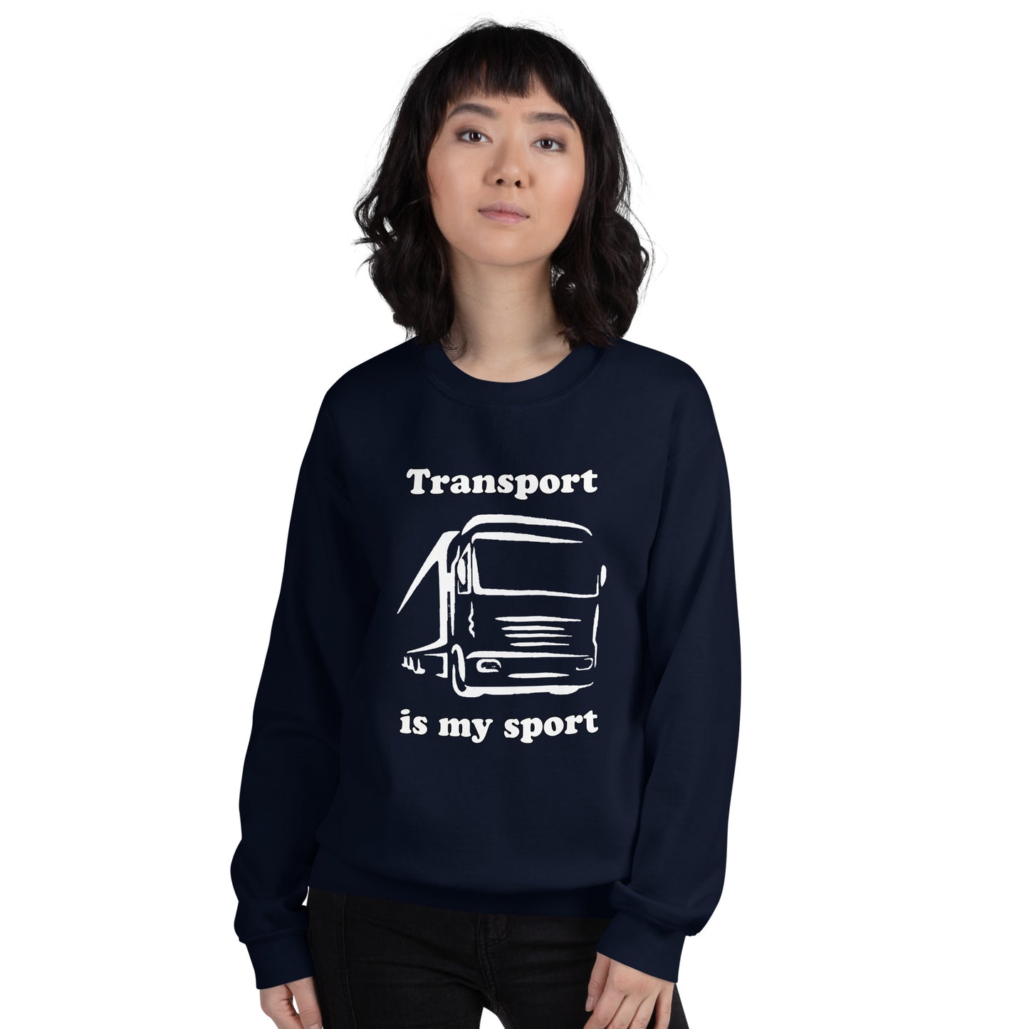 Woman with navy blue sweatshirt with picture of truck and text "Transport is my sport"