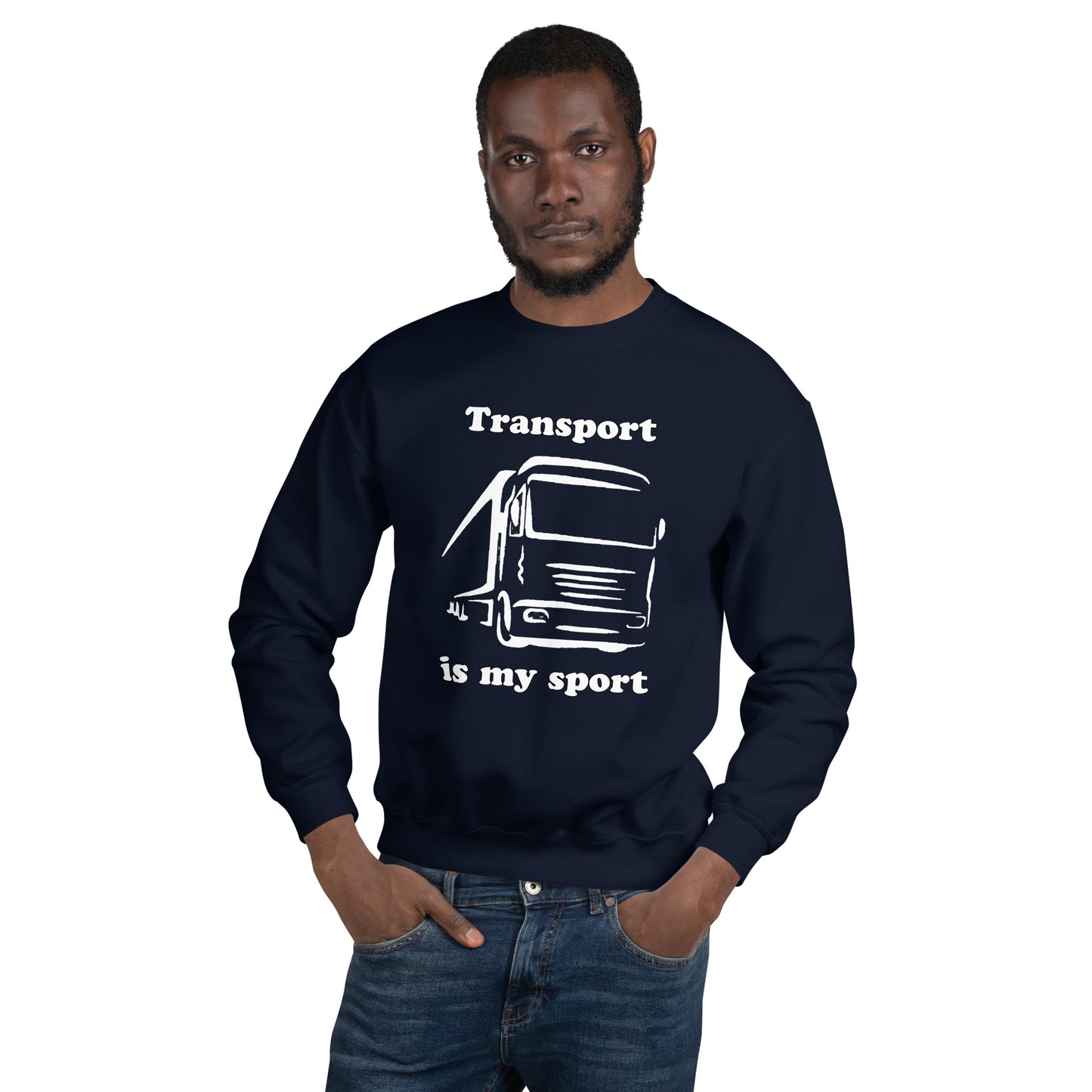 Man with navy blue sweatshirt with picture of truck and text "Transport is my sport"