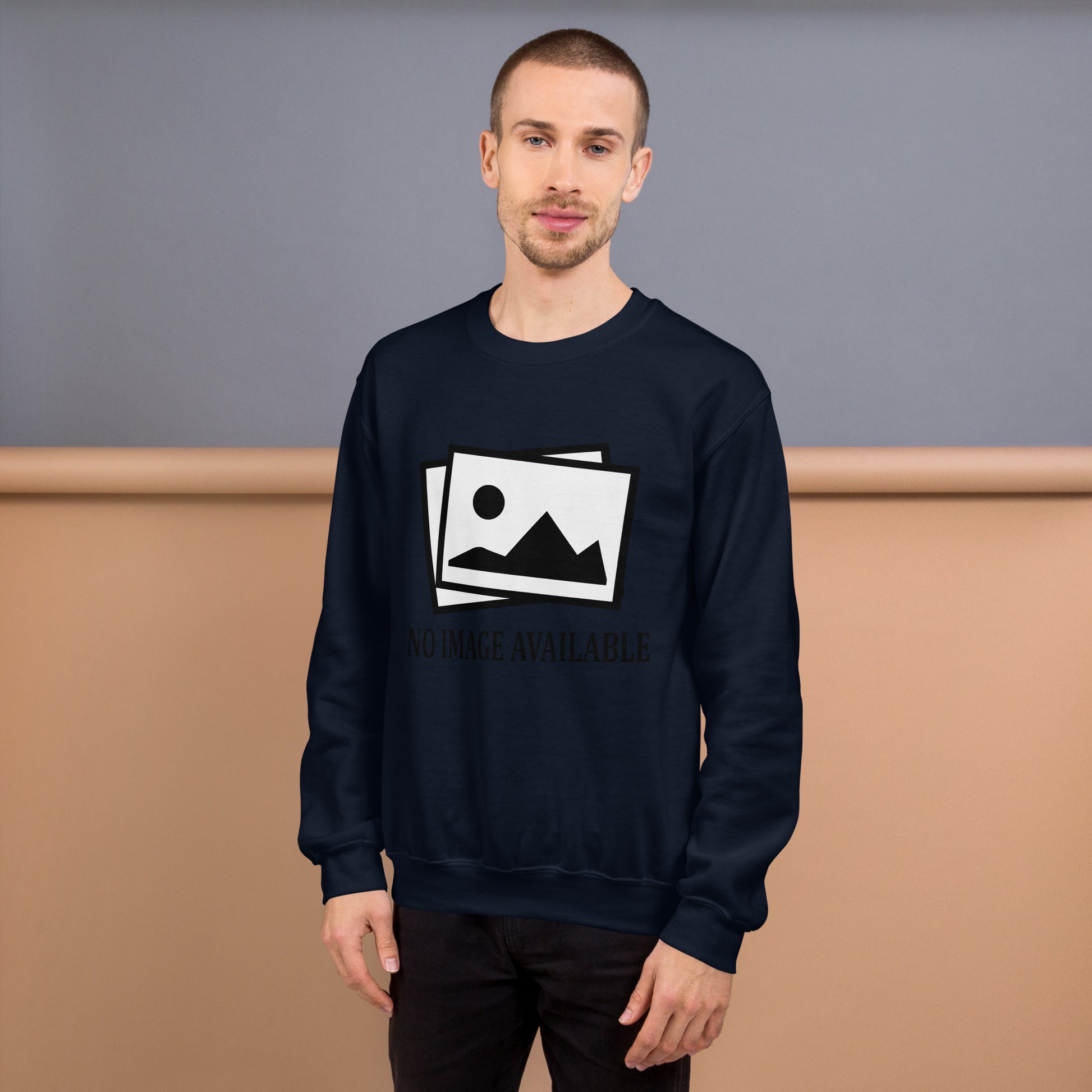 Men with black sweatshirt with image and text "no image available"