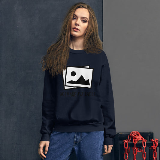 Women with navy blue sweatshirt with image and text "no image available"