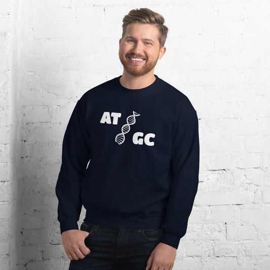 Men with navy blue sweatshirt with image of a DNA string and the text "ATGC"