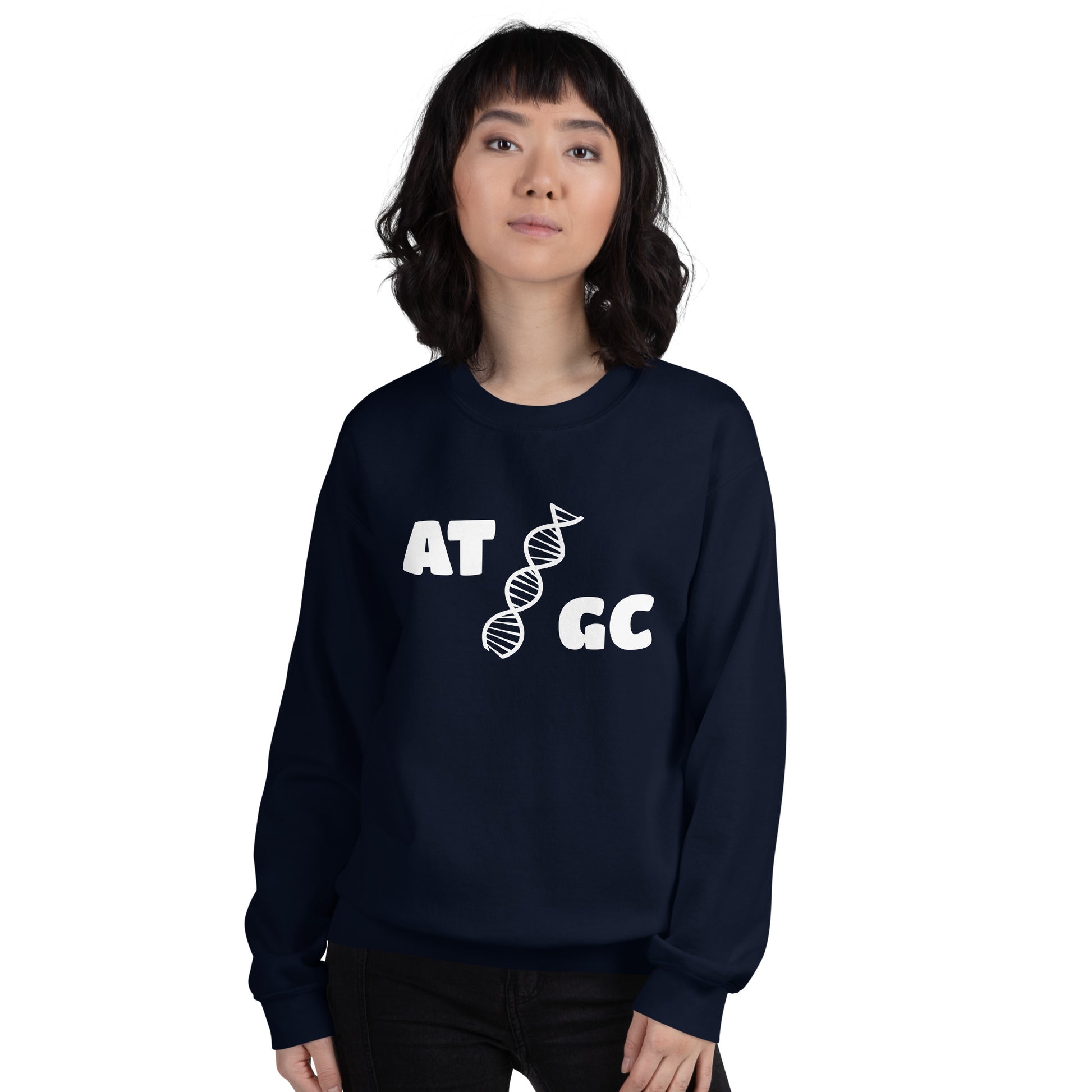 Women with navy blue sweatshirt with image of a DNA string and the text "ATGC"