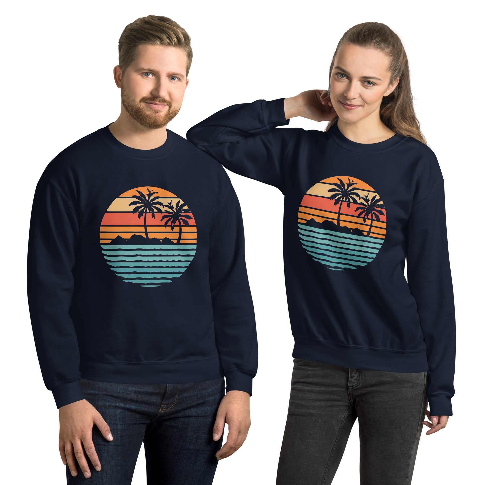 Men and women with navy sweatshirt and a print of retro island