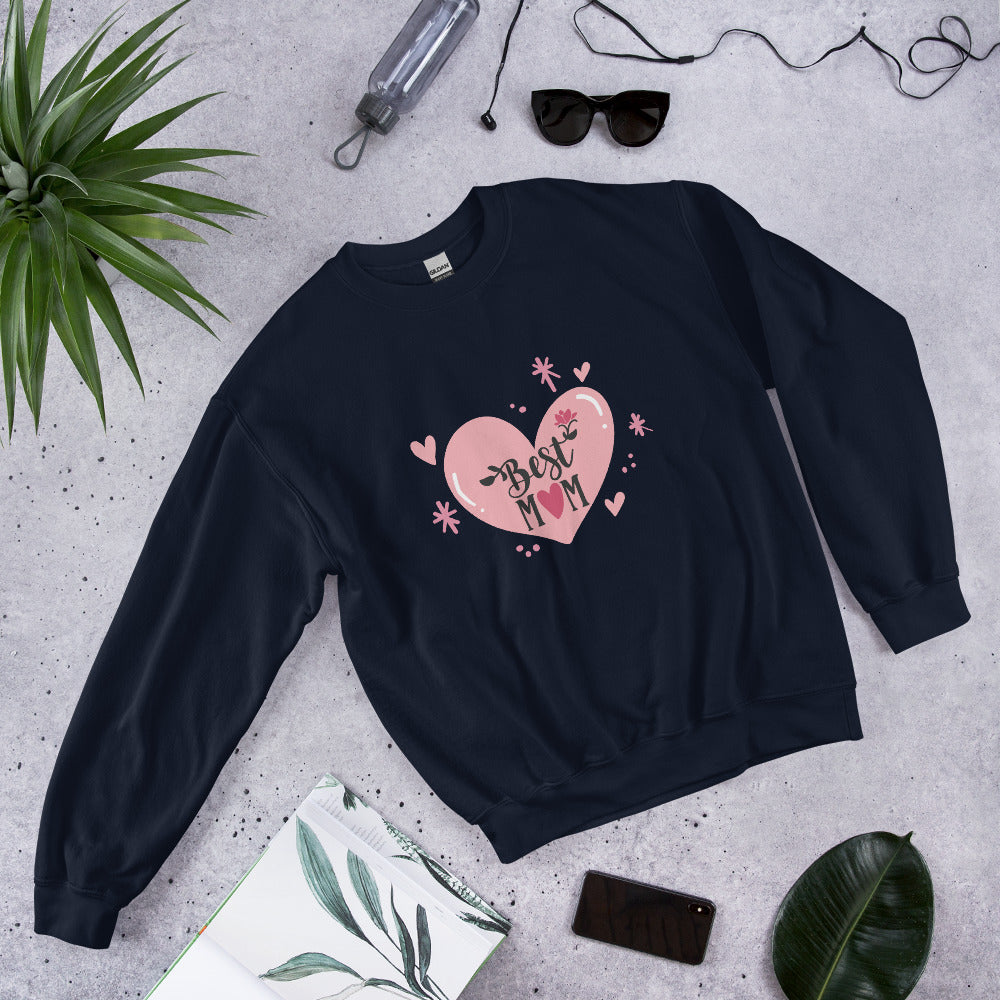 navy sweatshirt with hart and text best MOM