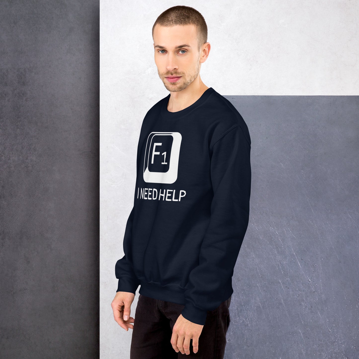 Men with navy sweatshirt and a picture of F1 key with text "I need help"