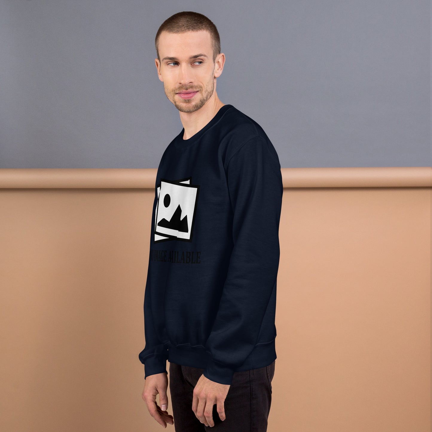 Men with black sweatshirt with image and text "no image available"