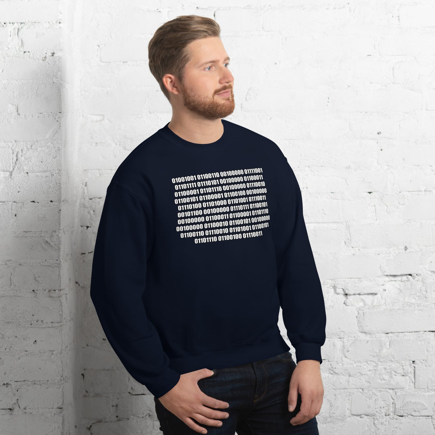 Men with navy sweatshirt with binaire text "If you can read this"