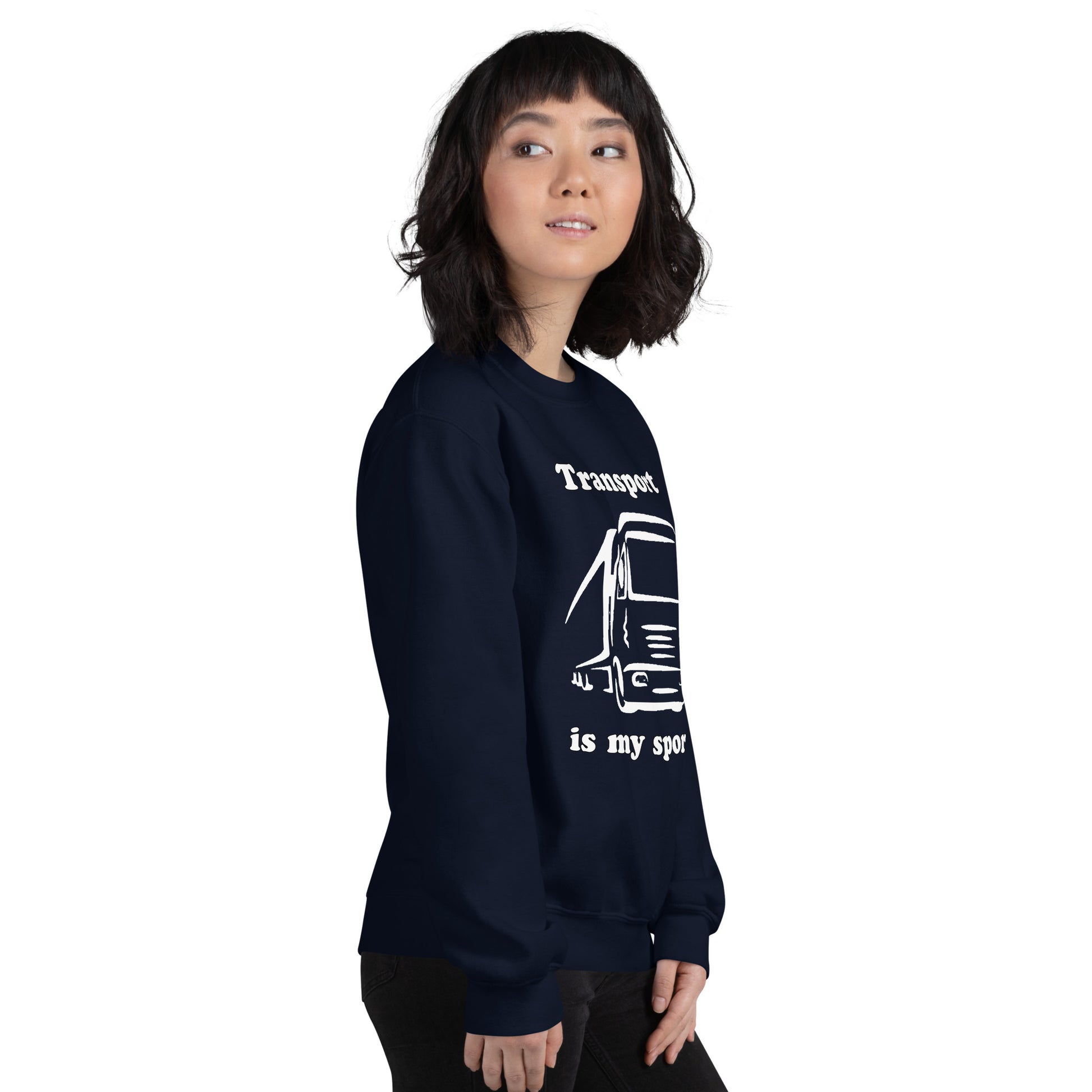 Woman with navy blue sweatshirt with picture of truck and text "Transport is my sport"