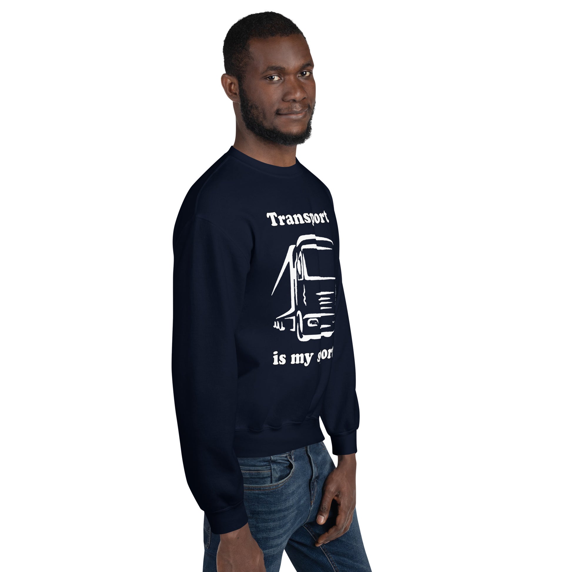 Man with navy blue sweatshirt with picture of truck and text "Transport is my sport"