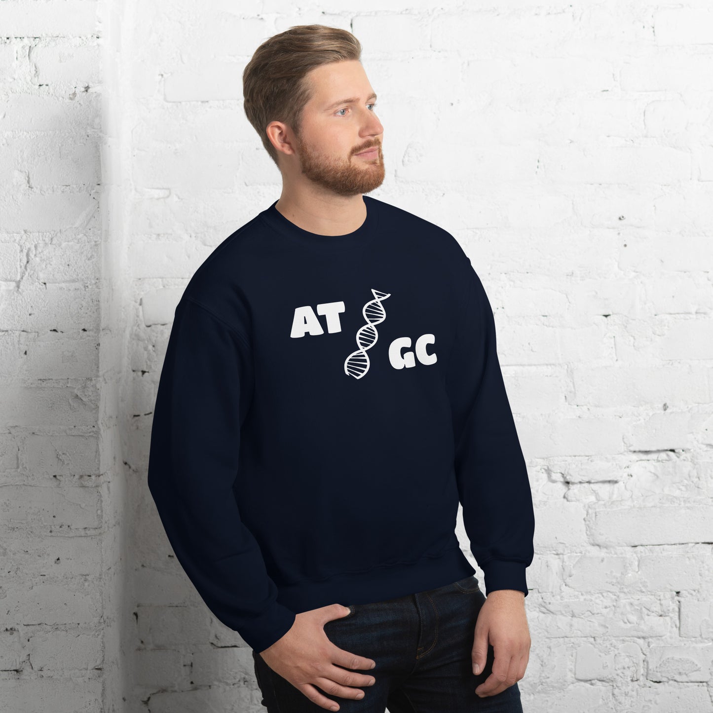 Men with navy blue sweatshirt with image of a DNA string and the text "ATGC"
