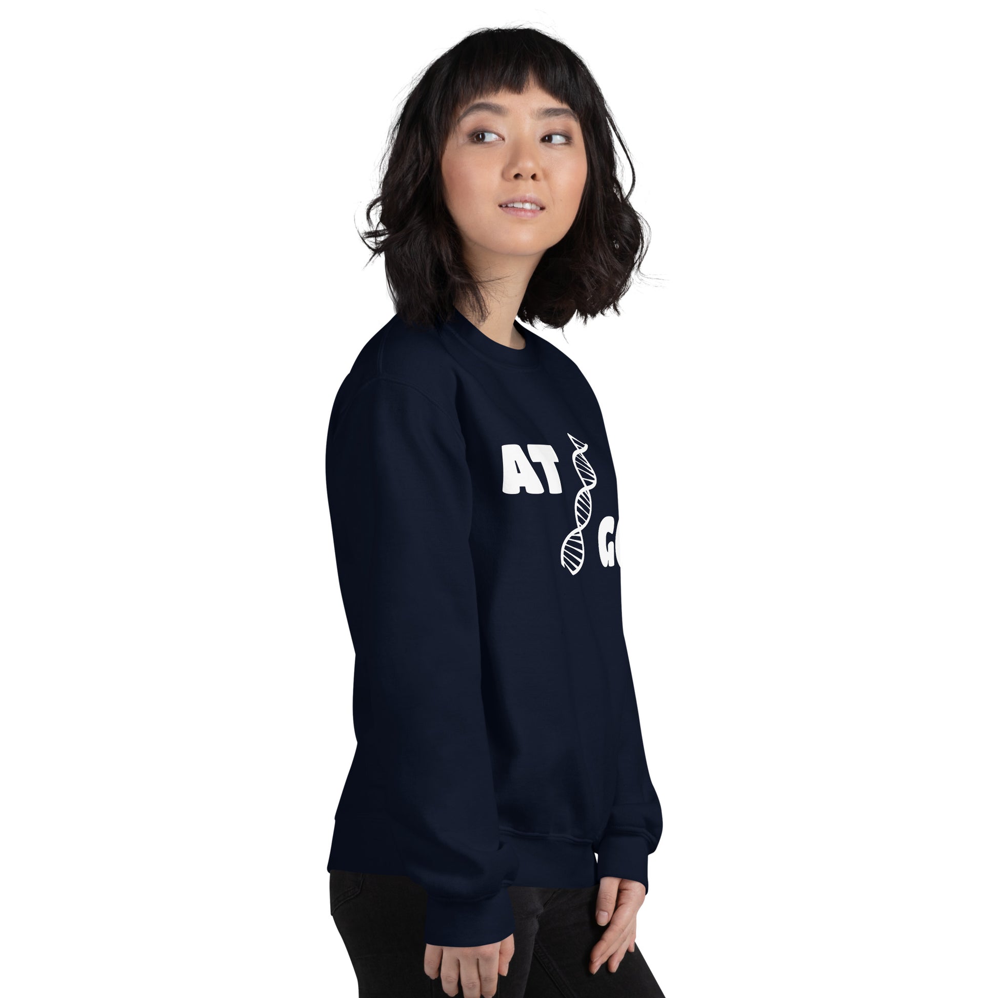 Women with navy blue sweatshirt with image of a DNA string and the text "ATGC"