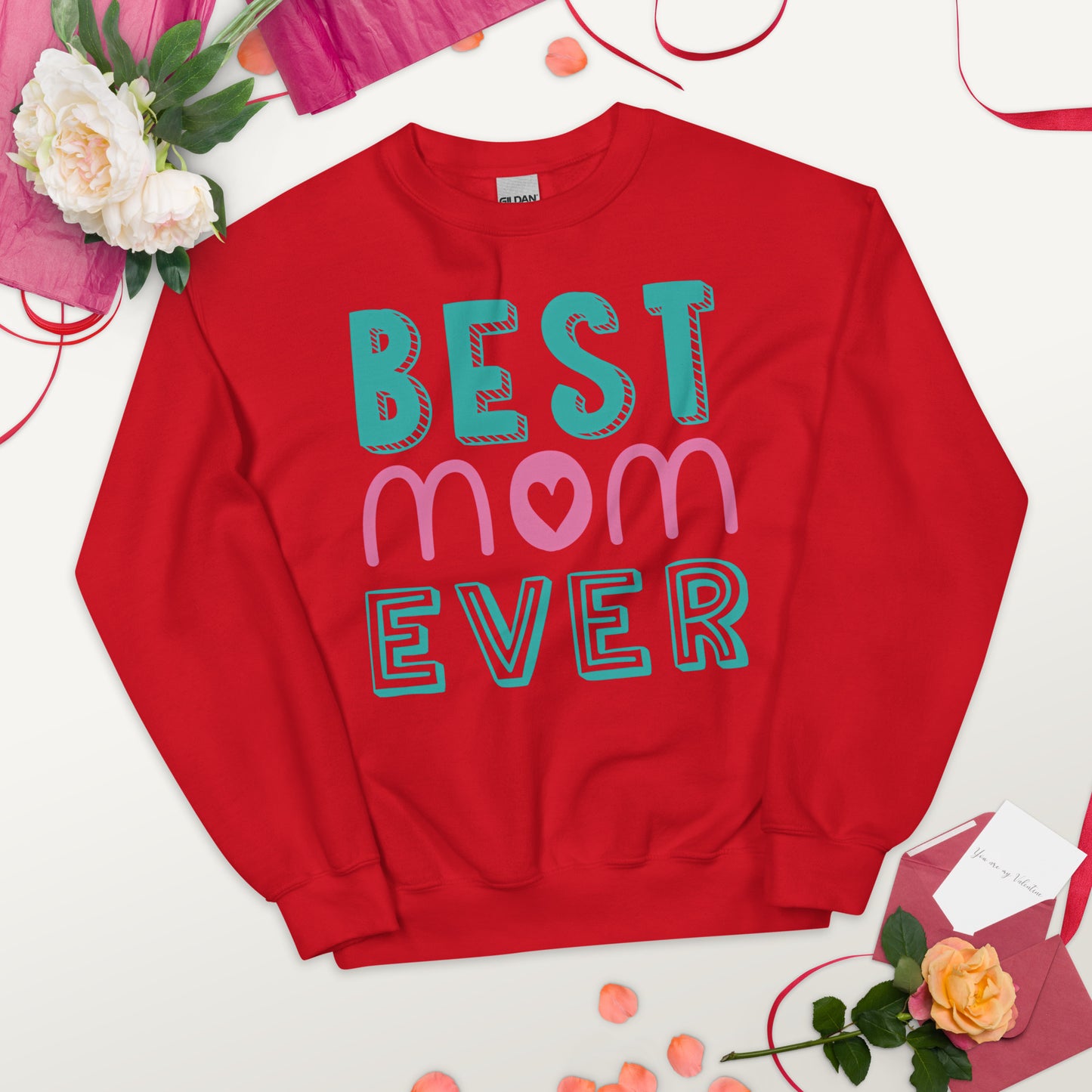 red sweatshirt with text best MOM ever 