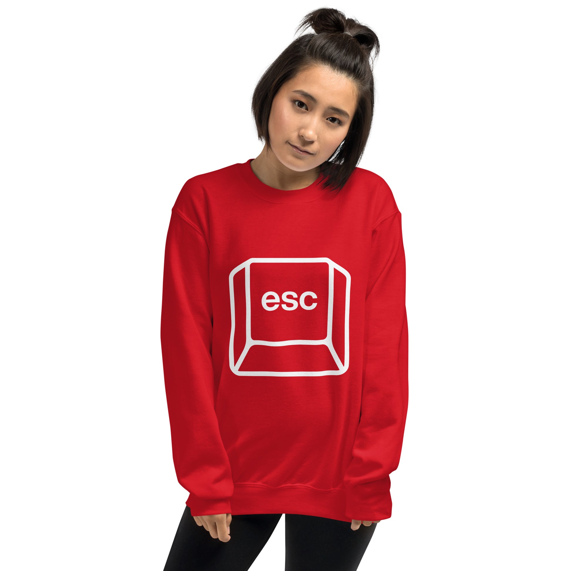 Woman with red sweatshirt with picture of esc key