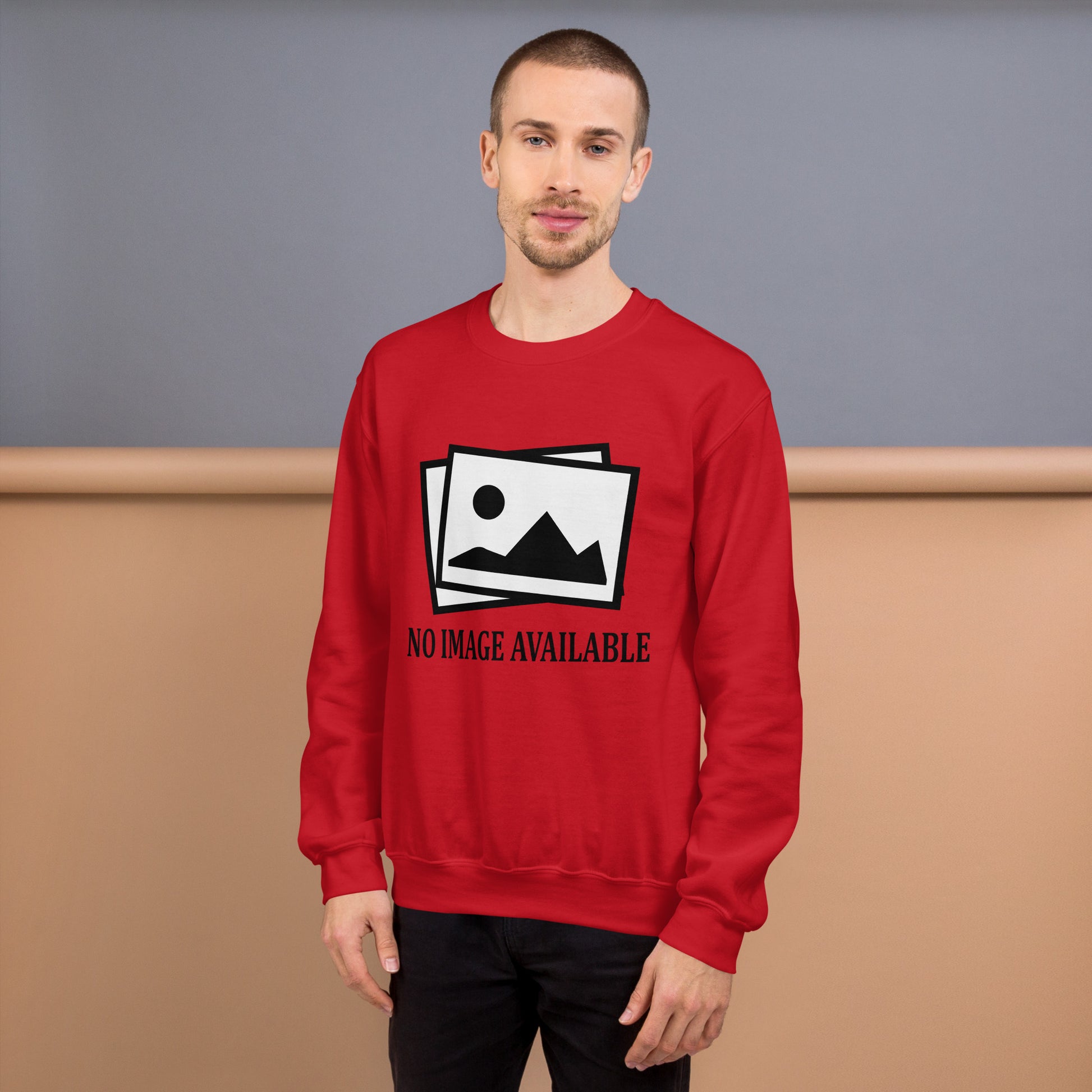 Men with red sweatshirt with image and text "no image available"