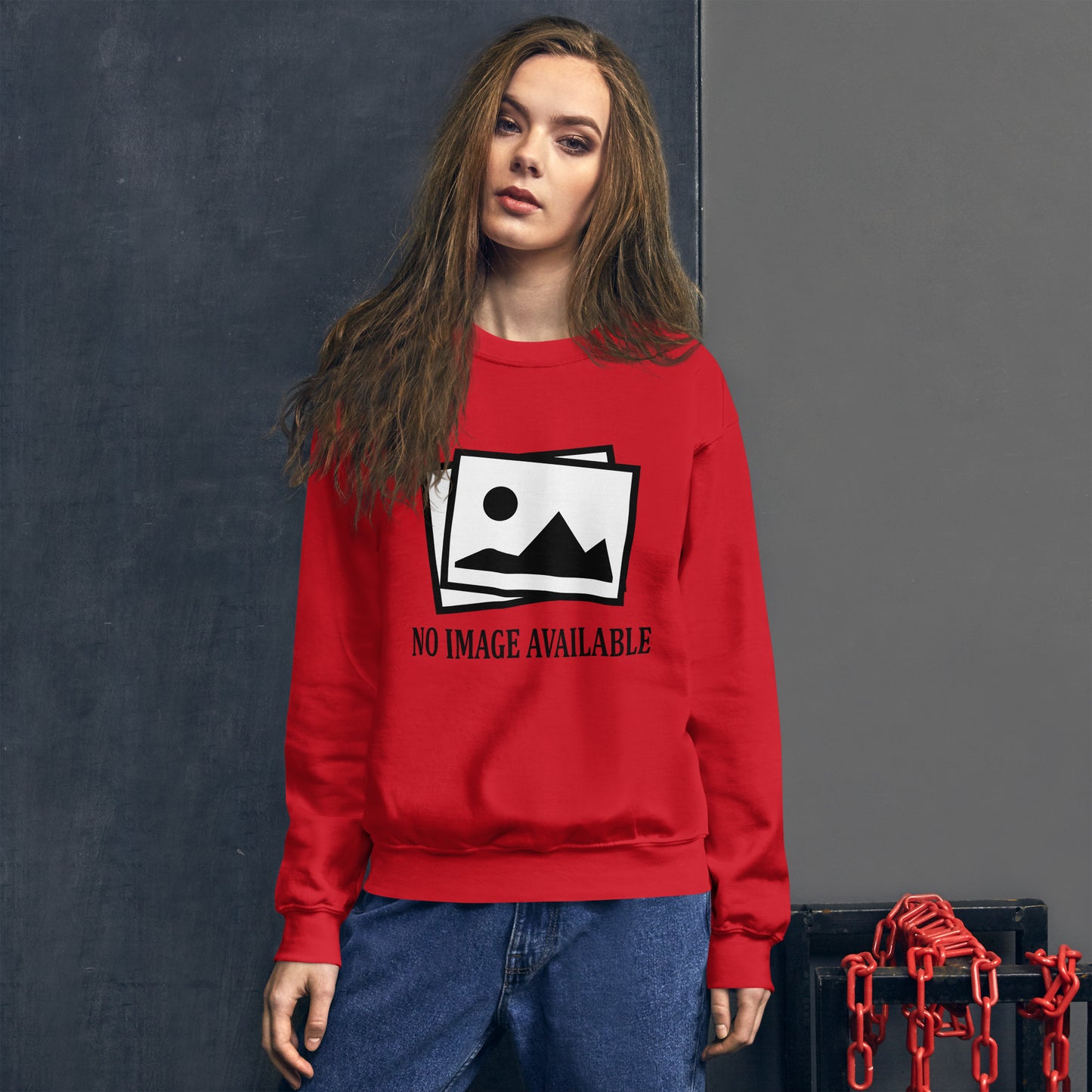 Women with red sweatshirt with image and text "no image available"