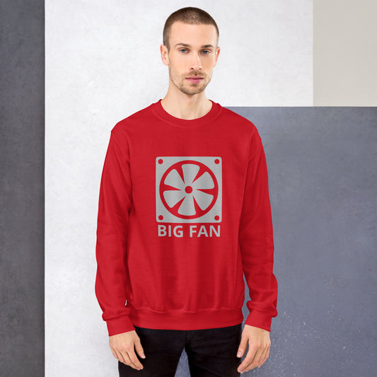 Men with red sweatshirt with image of a big computer fan and the text "BIG FAN"