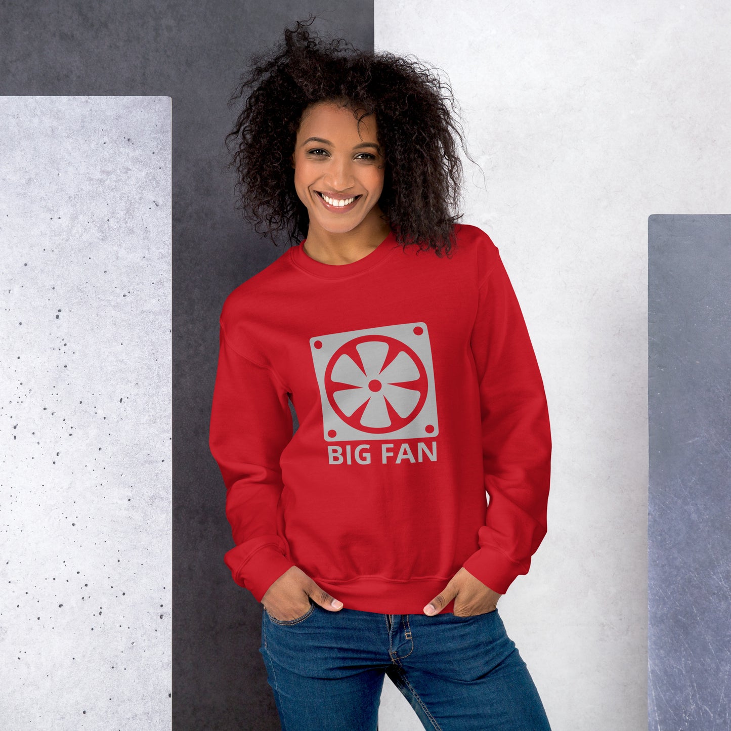 Women with red sweatshirt with image of a big computer fan and the text "BIG FAN"