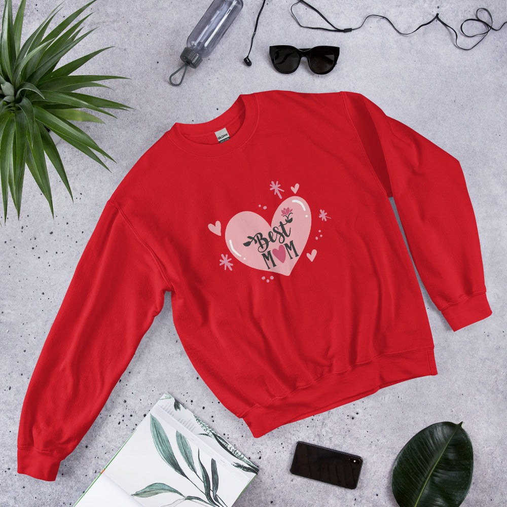 red sweatshirt with hart and text best MOM
