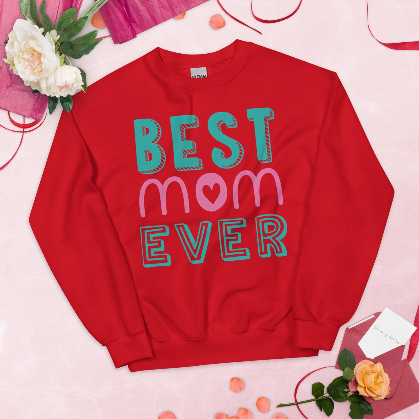 red sweatshirt with text best MOM ever 