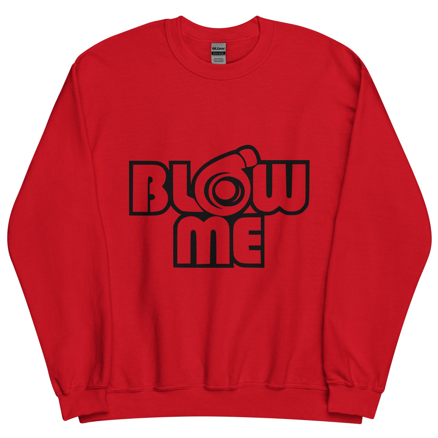 Red sweatshirt for men and women with the text Blow me, turbo compressor