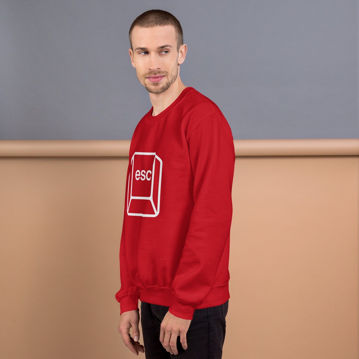 Man with red sweatshirt with picture of esc key