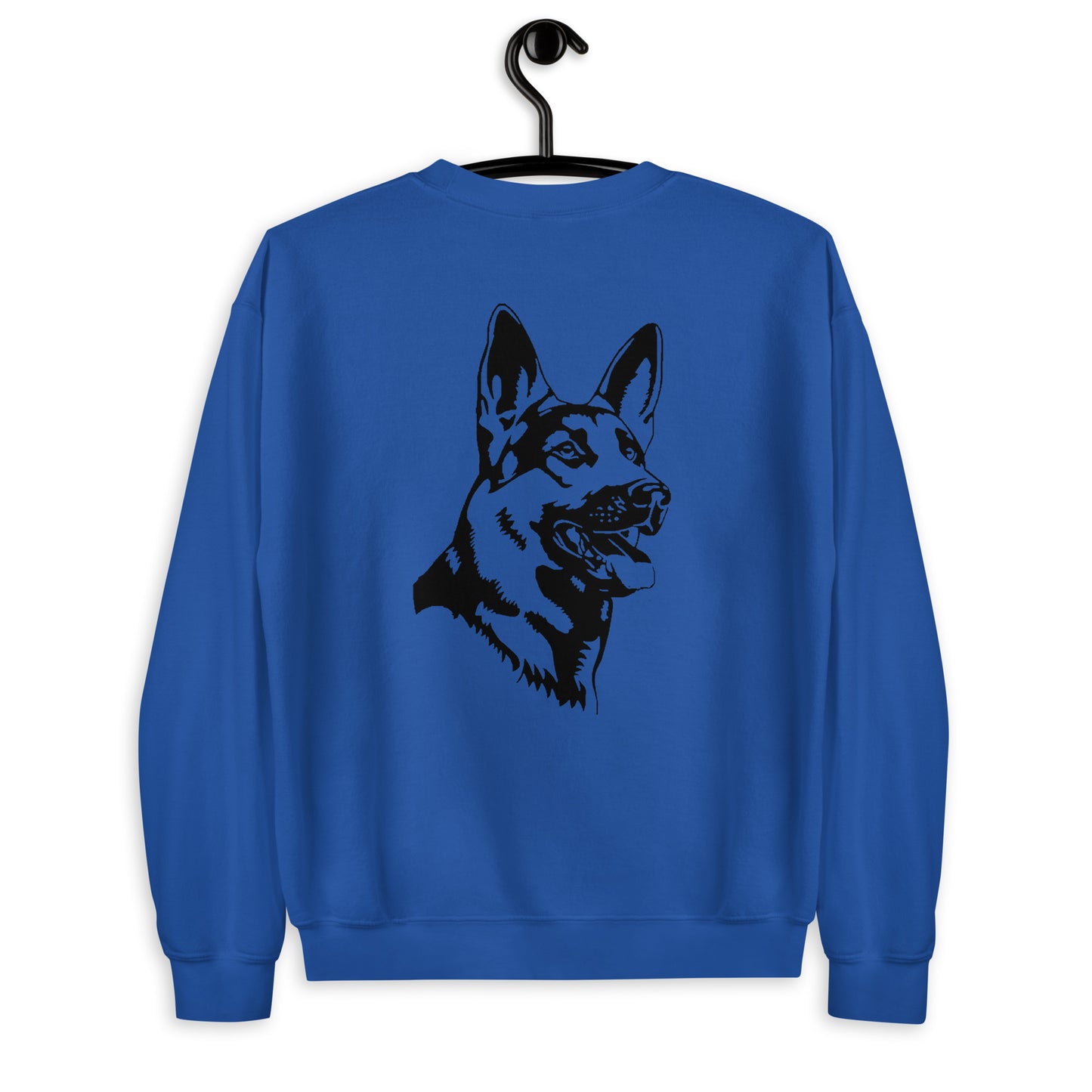 Royal blue sweatshirt with German shepherd