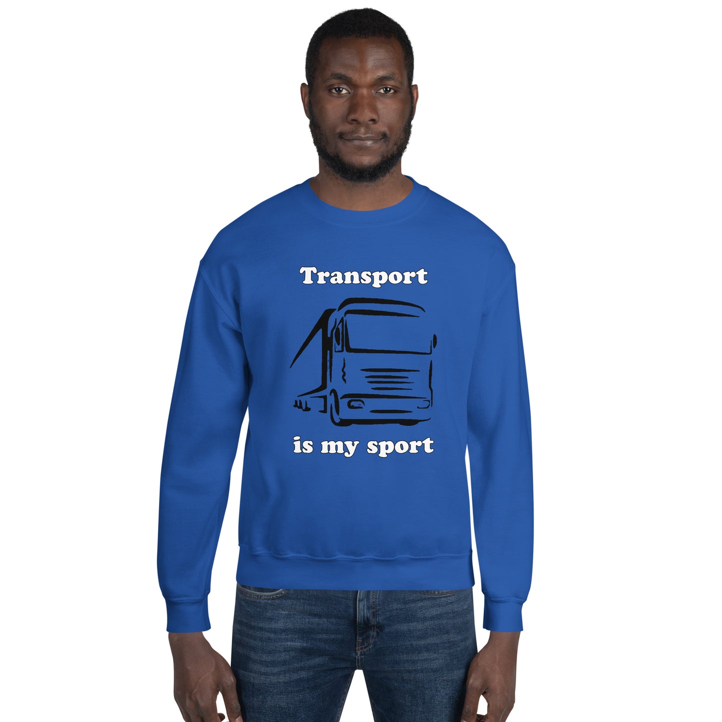 Man with royal blue sweatshirt with picture of truck and text "Transport is my sport"