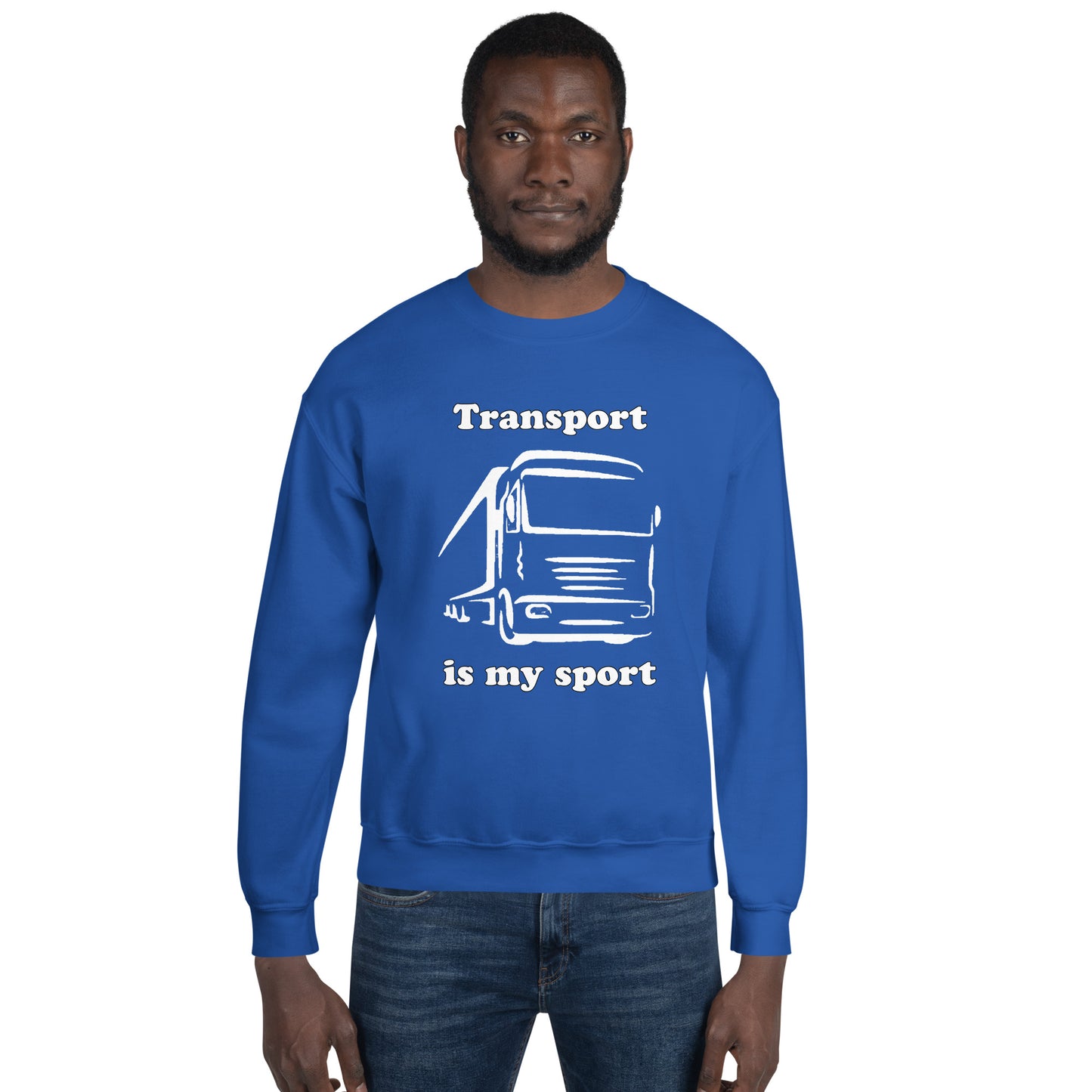 Man with royal blue sweatshirt with picture of truck and text "Transport is my sport"